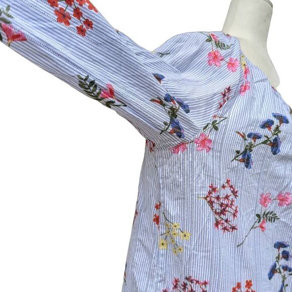 Tribal Jeans Floral Print Blue White Striped Round Split Neck Blouse Top Size L - Picture 8 of 11